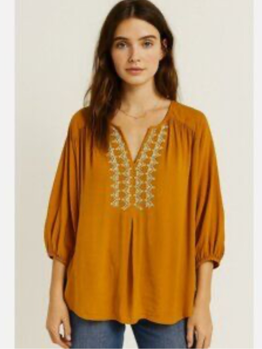 Anthropologie Dolan Embroidered V-Neck Peasant Blouse Mustard yellow large EUC